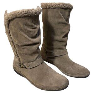 Lands' End Women's Fleece Lined Boots Taupe Suede Mid Calf Size 8.5 B (READ)